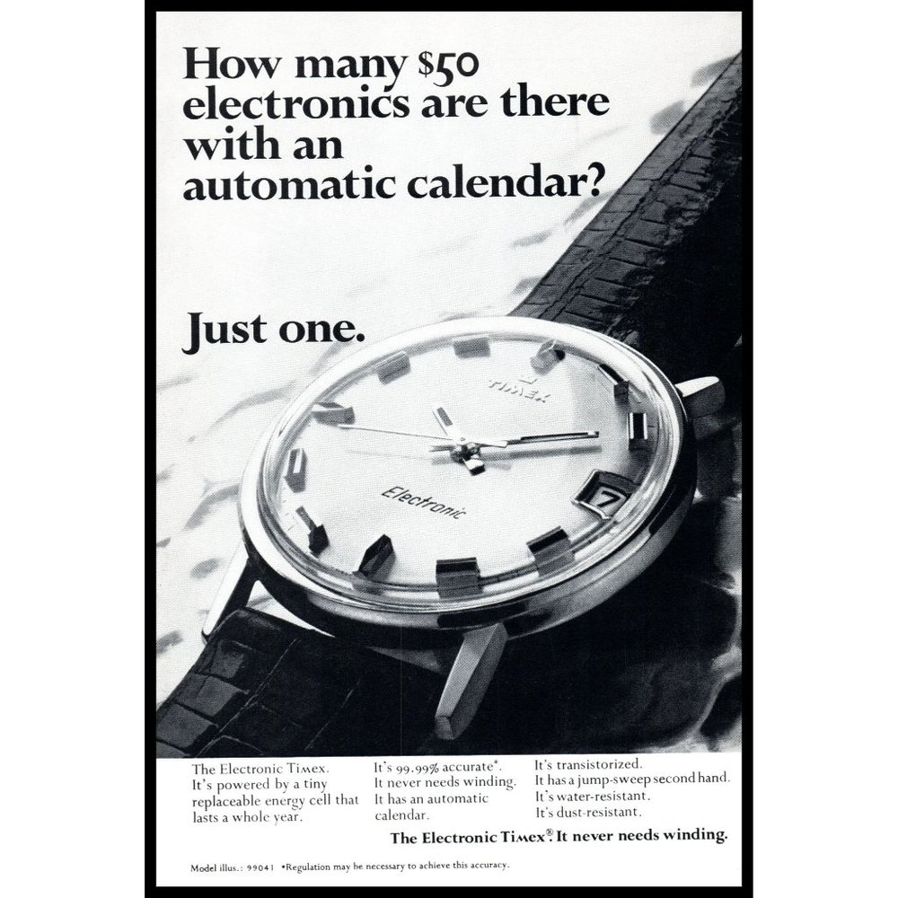 1970 Timex Electronic Automatic Calendar 99041 Watch Vintage Print Ad Wall Art